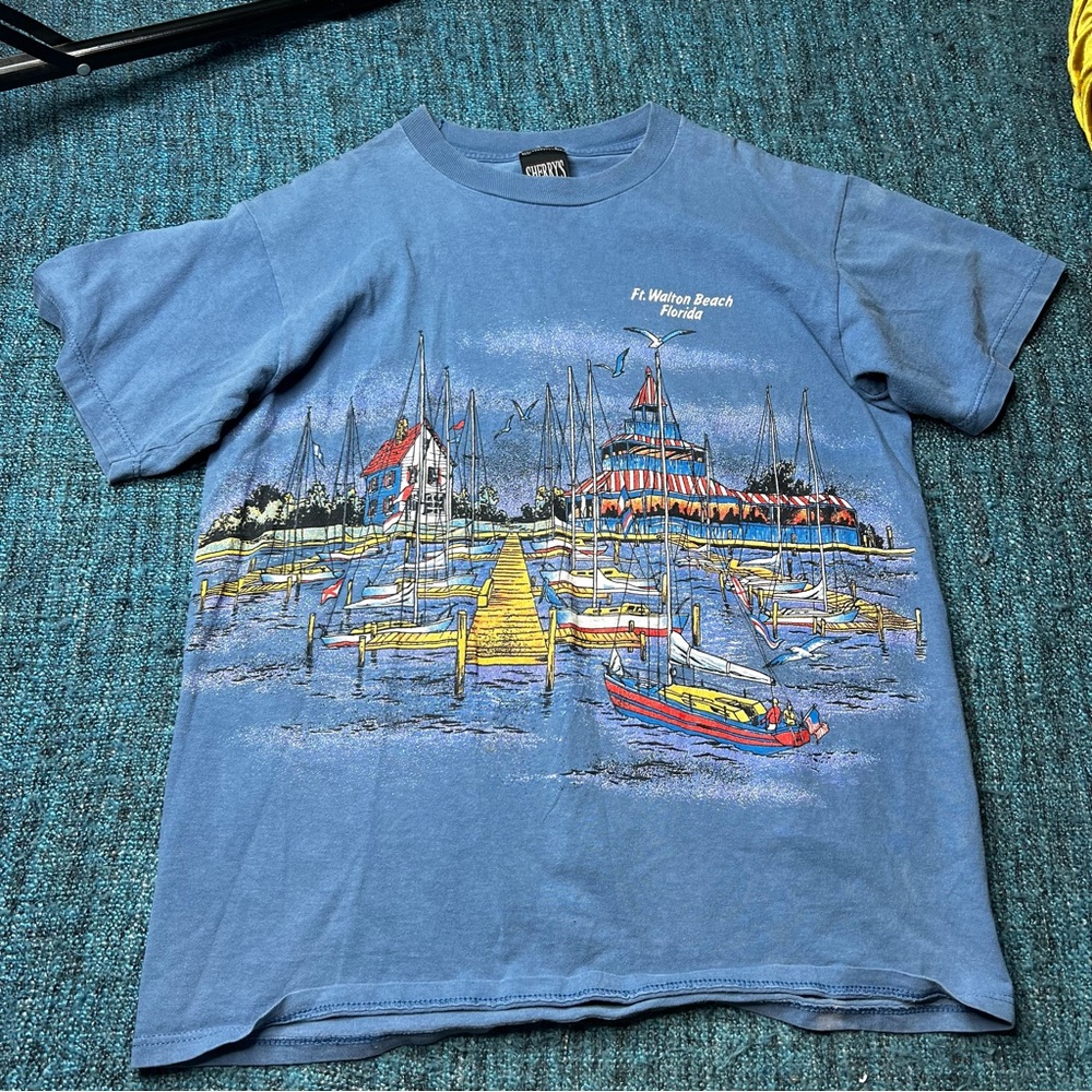 Vintage Sherry's Best Ft. Walton Beach Florida All Over Graphic T-Shirt in Blue